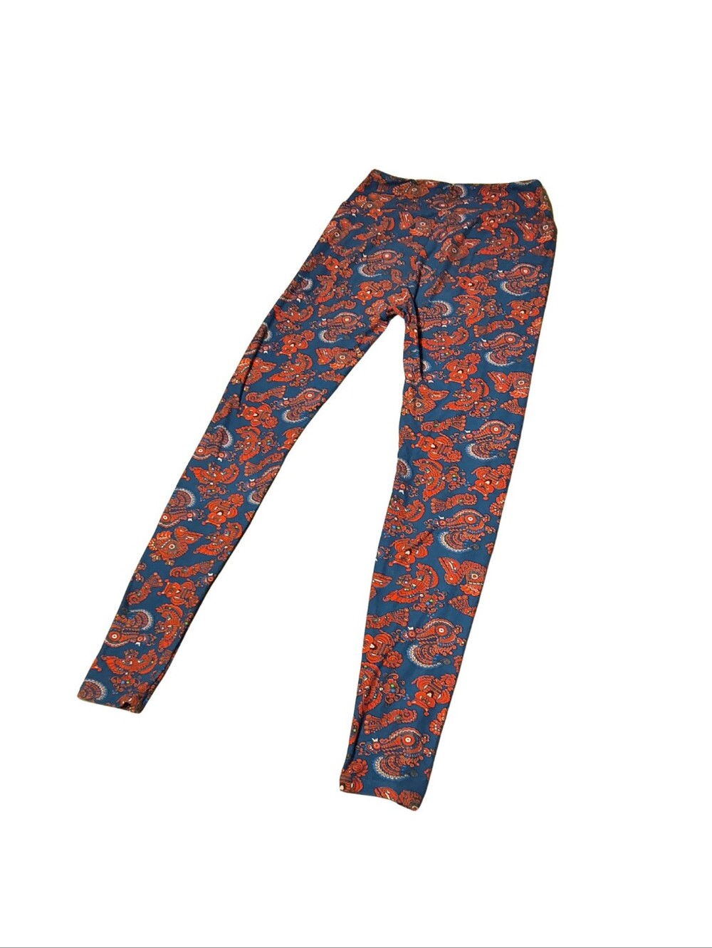 Blue Aztec Style Paisley Print Leggings with Orange Accents (One Size)